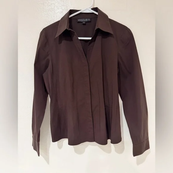 Lafayette 148 Brown Button-Up Cotton Blend Workwear Blouse Shirt size 10 - Picture 2 of 11